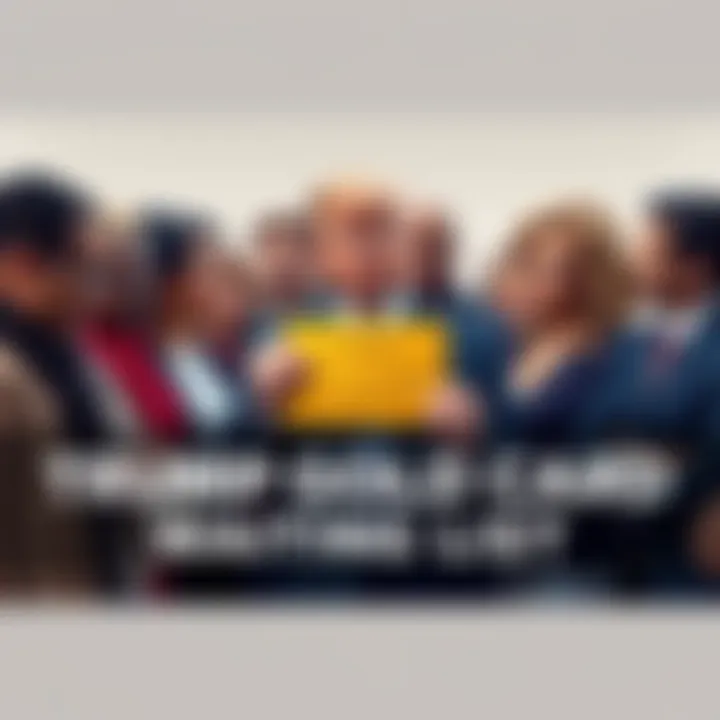 Trump Gold Card Waiting List A group of diverse individuals discussing and holding a Trump Gold card, representing the excitement and anticipation around the exclusive membership.