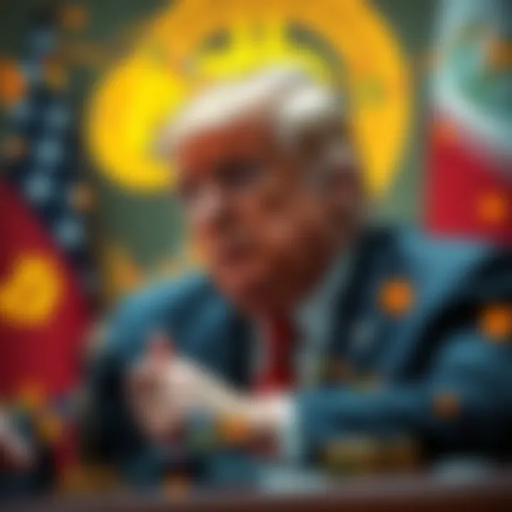 Trump Discussing Hormuz Deal President Trump negotiating a deal regarding the Strait of Hormuz with Iran, surrounded by economic symbols representing Bitcoin and oil markets.