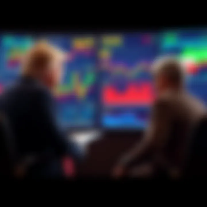 President Trump discussing ceasefire options with advisors regarding Iran while charts showing market volatility are visible on a screen