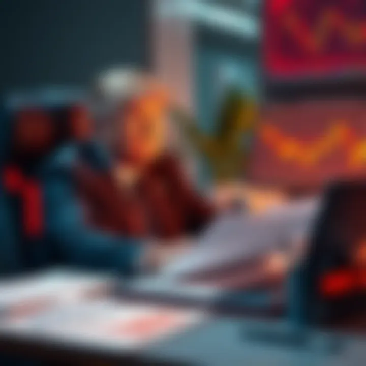 Donald Trump Jr. sits at a desk with financial documents and stock market graphs, representing his investment in Polymarket and advisory role at Kalshi.
