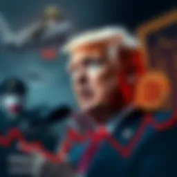 Trump Indicates Military Action Donald Trump speaking with a backdrop of military visuals, symbolizing potential military actions and market volatility. Bitcoin chart shows a downward trend.
