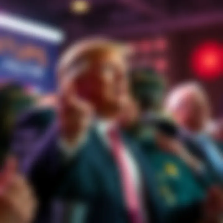 Trump Mimicking Apes President Trump imitating apes at a public event, drawing attention from the crowd.