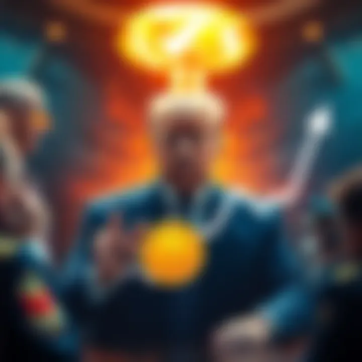 Trump discussing nuclear strategy President Trump in a meeting with nuclear imagery in the background while Bitcoin logo appears with a rising graph