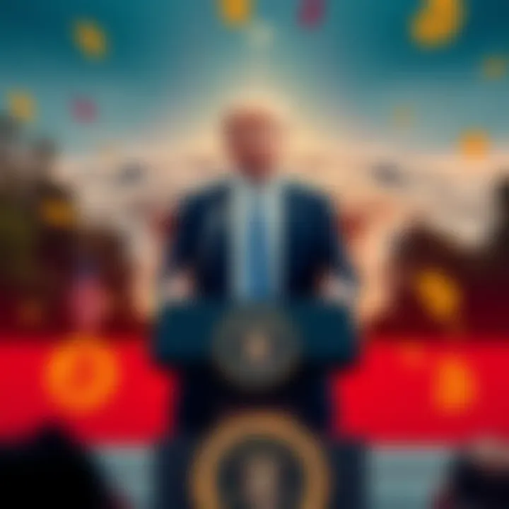 President Trump stands at a podium announcing the pardon of Binance CEO Changpeng Zhao, with a backdrop of the White House and cryptocurrency symbols.