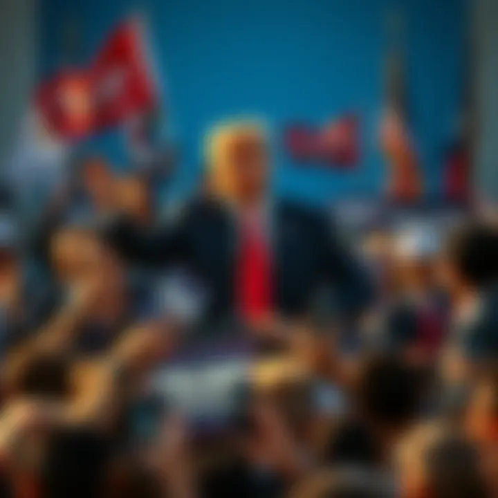 Donald Trump poses for a photo with supporters, surrounded by campaign signs and flags, highlighting the controversy over his recent spending