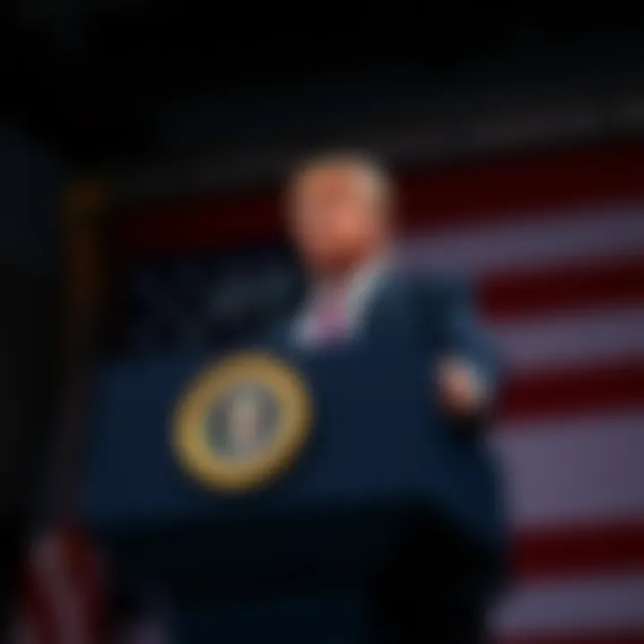 President Trump speaking confidently at a podium, flanked by the American flag, symbolizing his presidency in 2026.