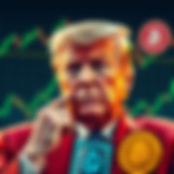 President Trump contemplating a decision about Jerome Powell, with financial graphs and cryptocurrency symbols in the background.