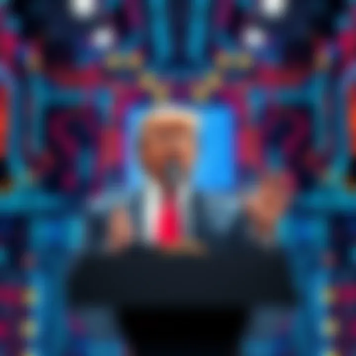 Former President Donald Trump speaking at a podium with a tech-themed backdrop, promoting advanced quantum computing technology.
