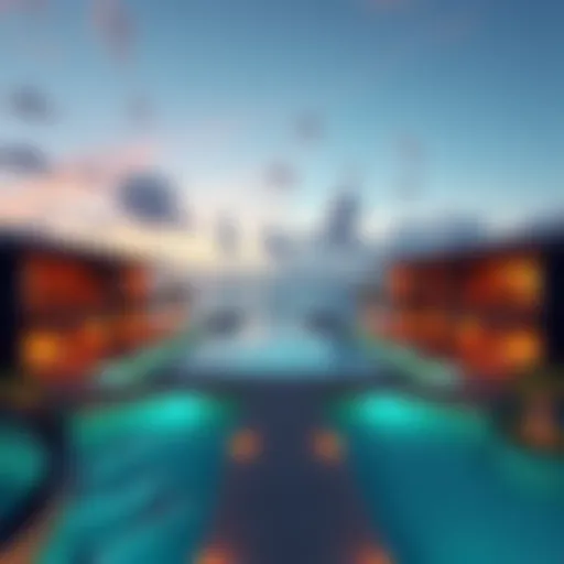 Render of a luxury resort in the Maldives with modern design elements, showcasing tropical landscapes and beach views