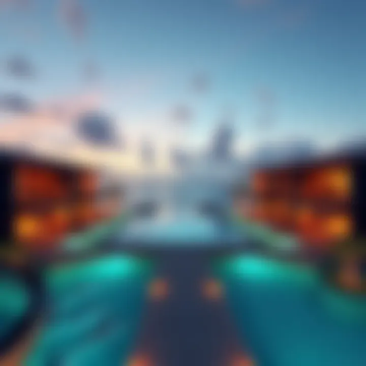 Render of a luxury resort in the Maldives with modern design elements, showcasing tropical landscapes and beach views