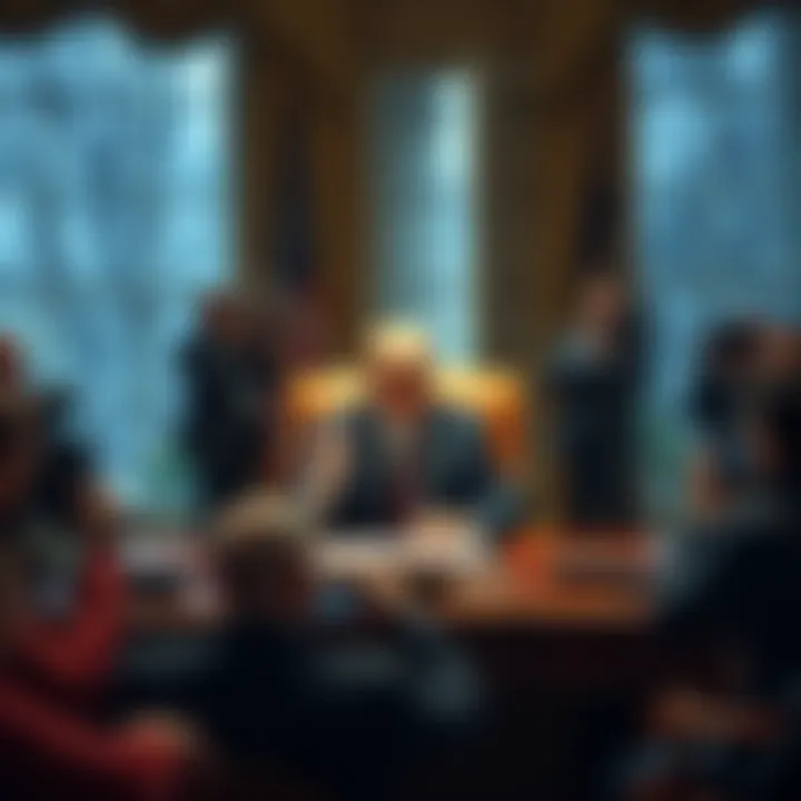 President Trump at a desk with the crypto bill ready to sign, surrounded by advisors and media