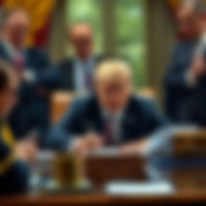 President Trump signing a new regulatory bill for cryptocurrencies at a desk with officials around him