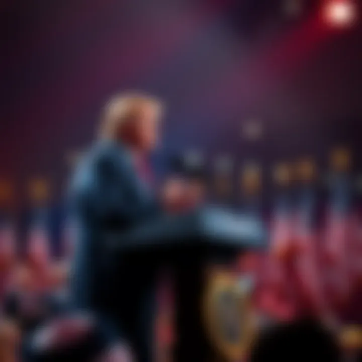 President Trump standing at a podium addressing a crowd with American flags in the background