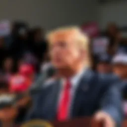 Former President Trump speaking at a rally with supporters in the background.