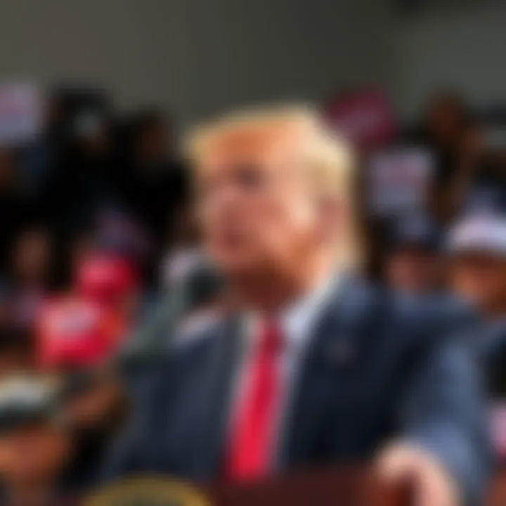 Former President Trump speaking at a rally with supporters in the background.