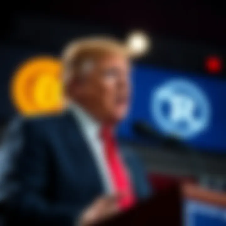 Former President Donald Trump speaking at a rally with TRUMP Token graphics in the background