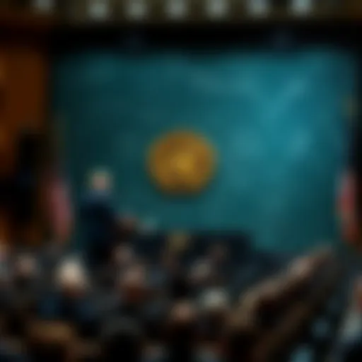 President Trump stands at a podium during his speech at the United Nations, with an audience in front of him, as he discusses AI initiatives.