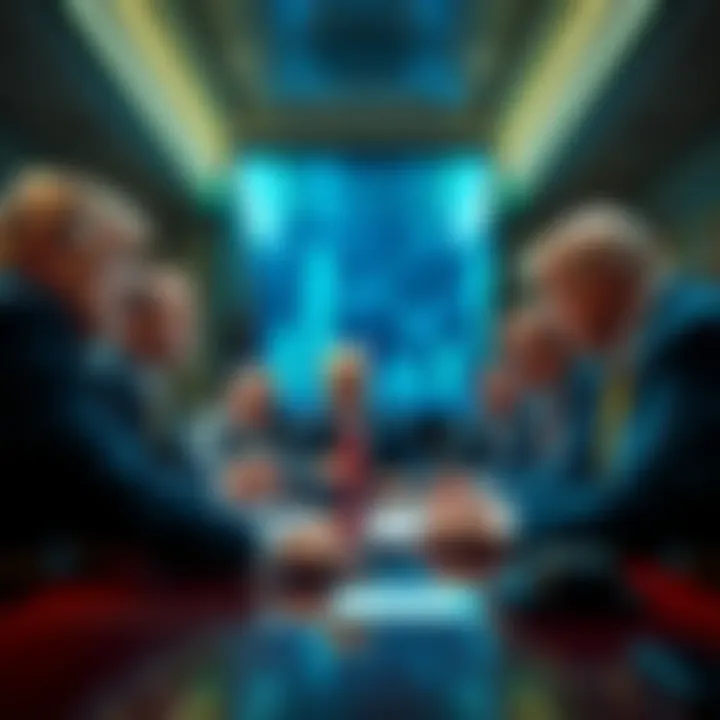 President Trump and financial leaders in a meeting discussing new 401(k) rules with a focus on cryptocurrency investments.