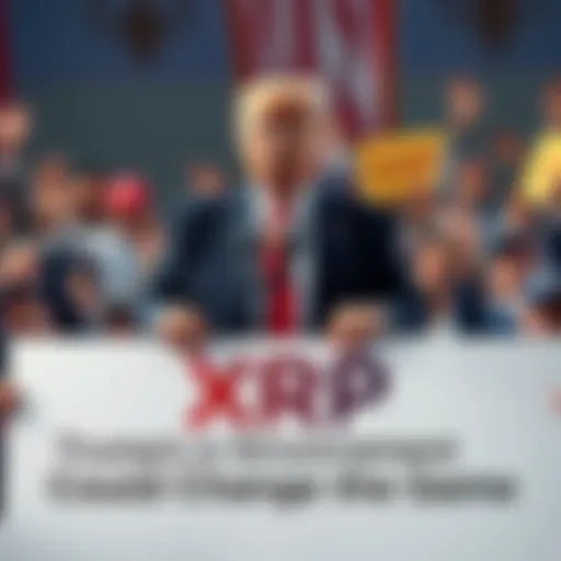 Former President Trump holding a sign with the XRP logo, surrounded by supporters cheering