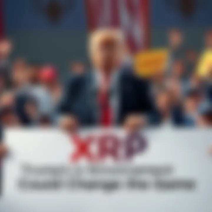 Former President Trump holding a sign with the XRP logo, surrounded by supporters cheering