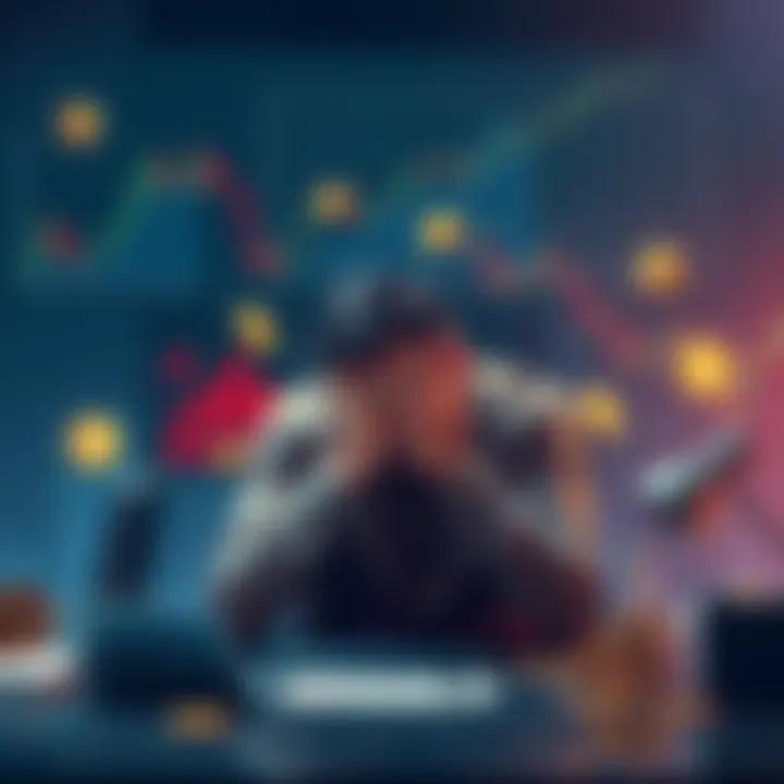 A man sitting at a desk, head in hands, surrounded by financial charts and TrumpCoin symbols representing loss and regret.