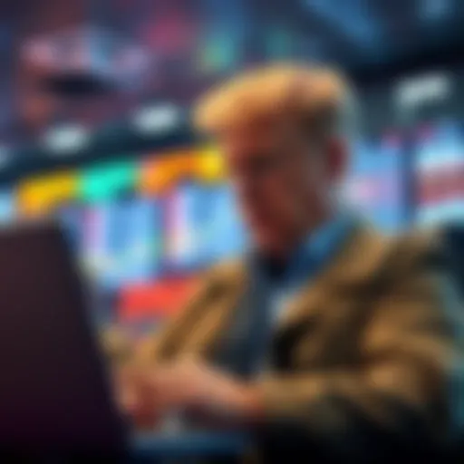 A close-up of a man resembling Trump's son, reviewing betting statistics on a laptop. The screen shows high win rates for military strike bets.
