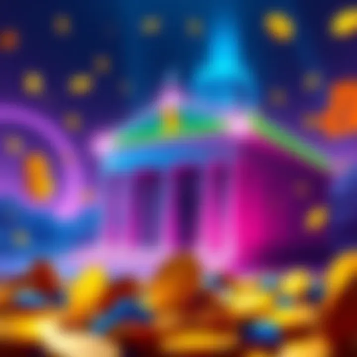 A digital representation of a bank with a crypto theme, featuring dollar signs and Bitcoin symbols around it.