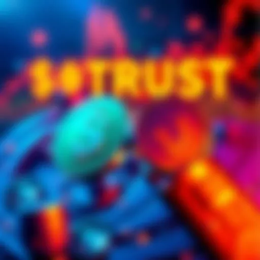 Graphic showing $TRUST paired with $DOVU on SaucerSwap, symbolizing the trading launch with vibrant colors and crypto icons.