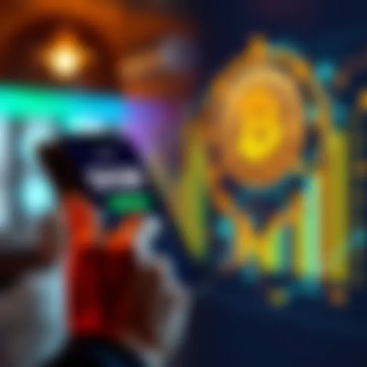 Trust Wallet and DGB Management A person using a smartphone to manage DGB in Trust Wallet, with a digital representation of cryptocurrency in the background.