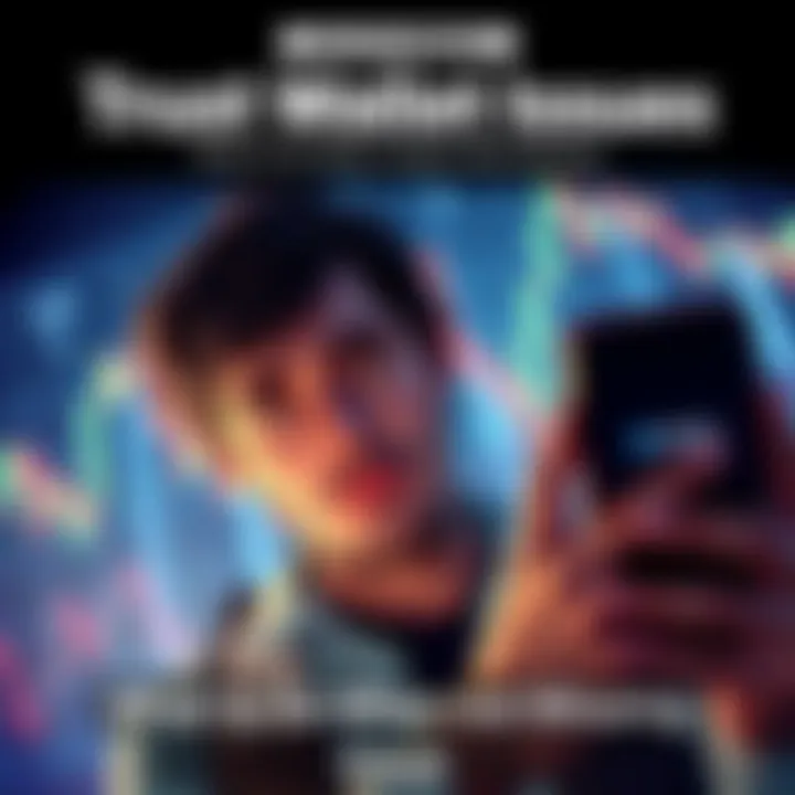 Trust Wallet USDT Missing Issue A person looking worried while using a smartphone with Trust Wallet, financial charts in the background showing losses, symbolizing lost crypto funds.