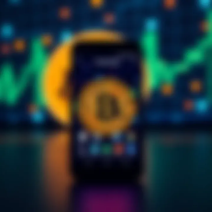 A smartphone displaying popular Bitcoin trading apps on the screen with Bitcoin symbols in the background