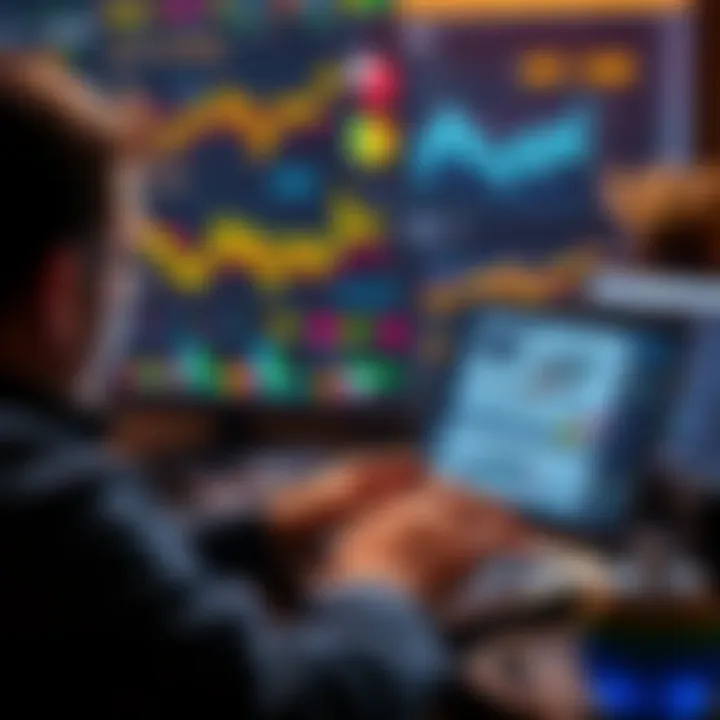 A person reading cryptocurrency news on a laptop, surrounded by charts and graphs for analysis.