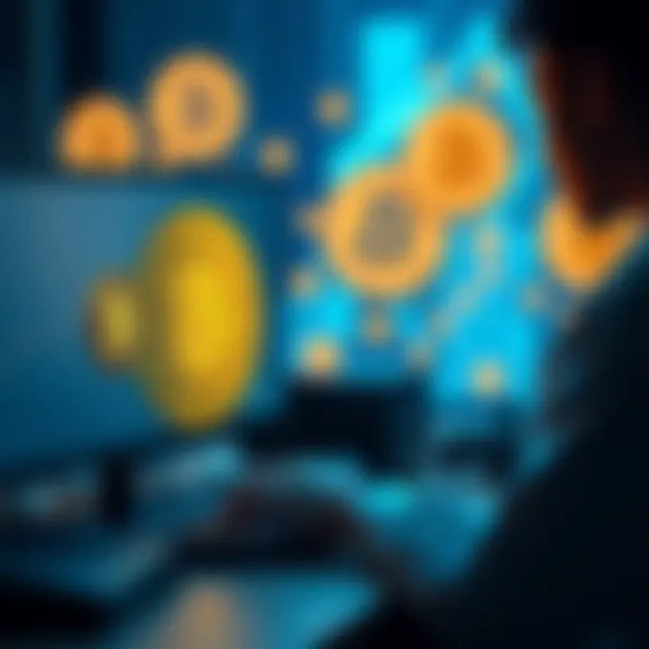 A person programming a computer with Bitcoin symbols in the background, illustrating a trustless inheritance setup