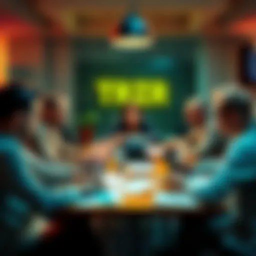 A group of people discussing the TRZR utility token with papers and laptops around a table, showing concern and interest about potential scams.