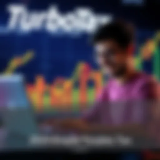 A person happily using TurboTax on a laptop with a graph showing cryptocurrency gains in the background