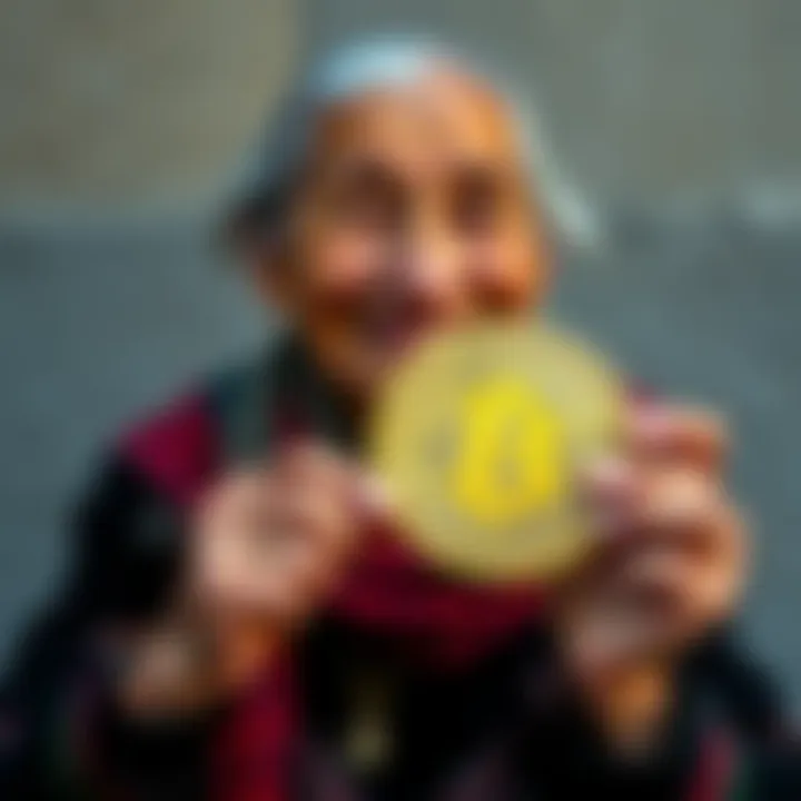 A 110-year-old Turkish grandmother smiles while holding a Bitcoin symbol, reflecting her long life and investment journey.
