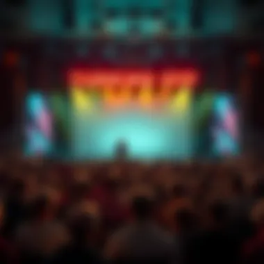 A crowd of fans looking disappointed as the lights go out on a stage representing the Pi show