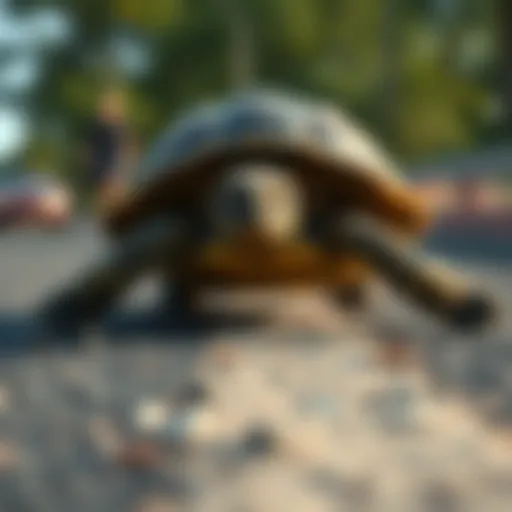 A turtle moving slowly along a path, symbolizing steady progress and patience.