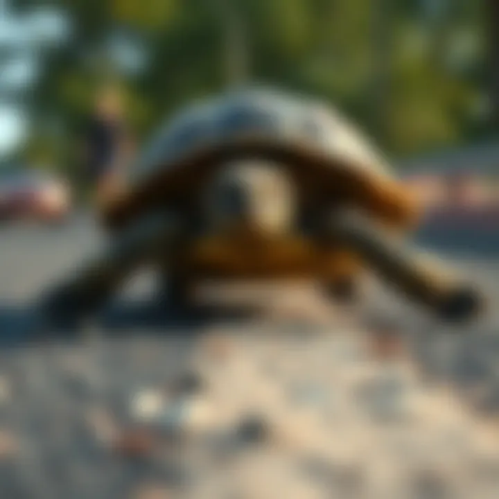 A turtle moving slowly along a path, symbolizing steady progress and patience.