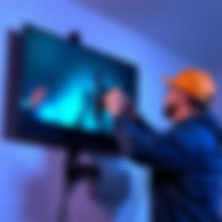 A technician installing a TV mount on the wall, showing tools and cables in use for proper setup.