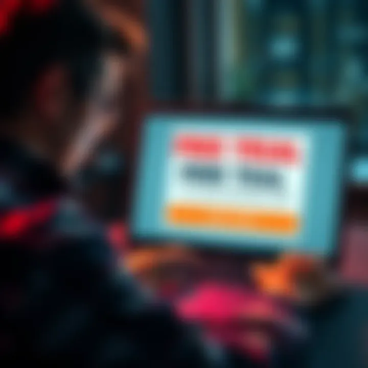 A person looking confused while reviewing a subscription offer on a laptop screen, showing a promotional banner for a two-month free trial with small print suggesting a 12-month commitment.