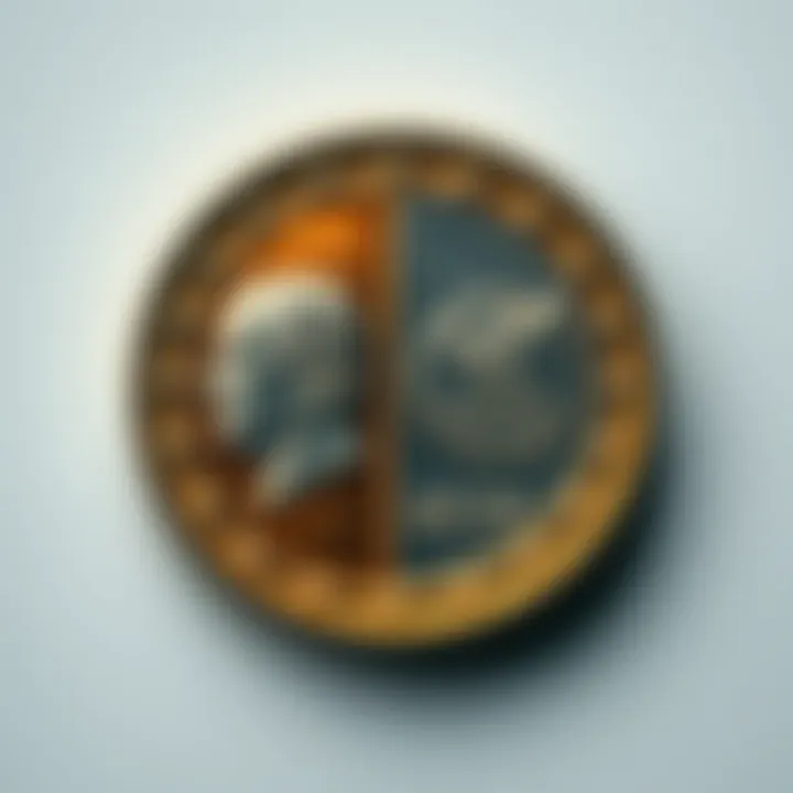 A close-up of a coin showing two distinct designs on opposite sides, symbolizing different perspectives on the same concept.