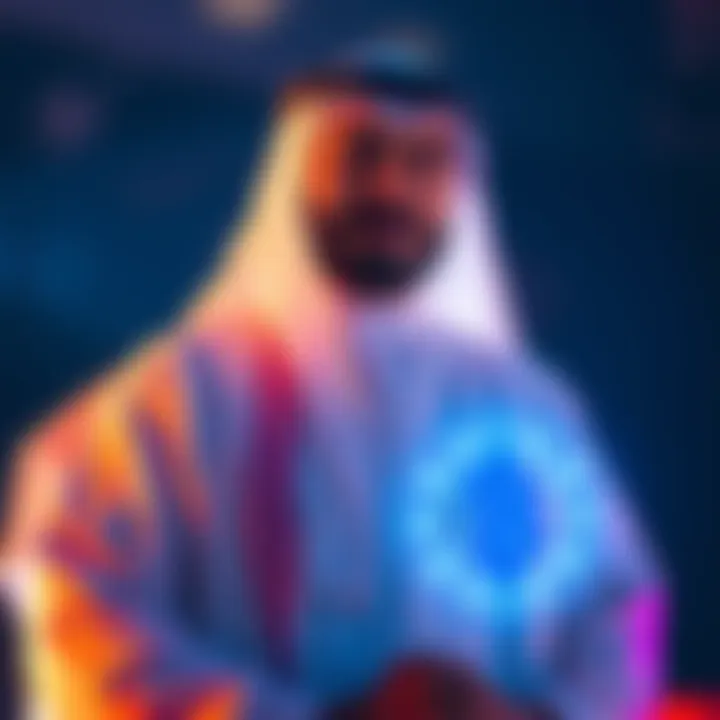 UAE Sheikh with Trump Family Crypto Bank Logo A UAE Sheikh stands next to the Trump family crypto bank logo, symbolizing a significant financial partnership.