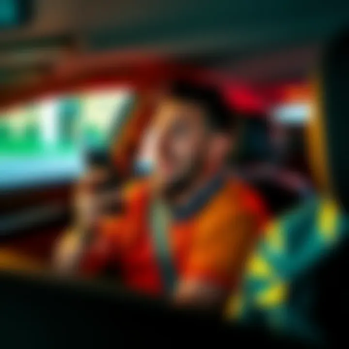 A person sitting in the backseat of an Uber, looking surprised while holding a phone showing a Bitcoin logo, with the driver visible in the front seat