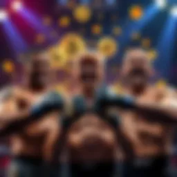 UFC fighters celebrating with cryptocurrency symbols and cash, showcasing the new payment method backed by Trump's company.
