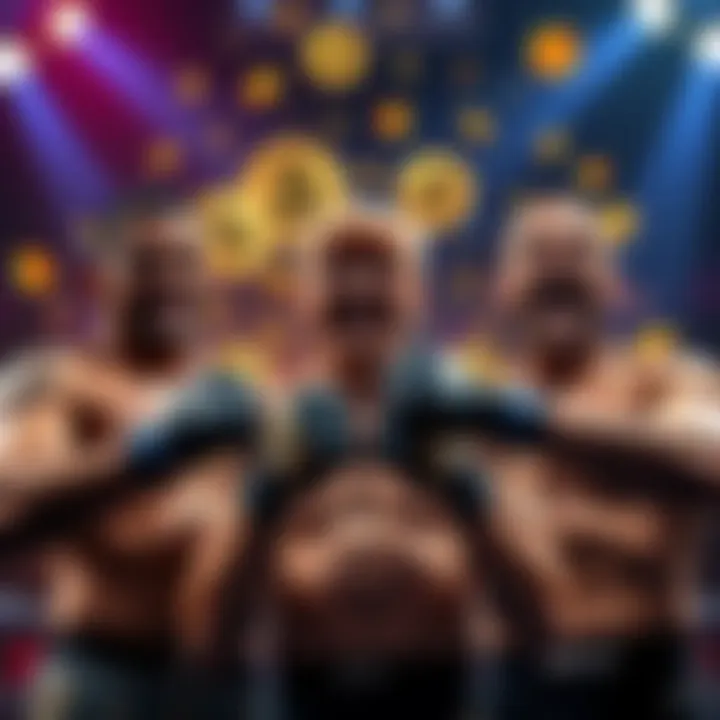 UFC fighters celebrating with cryptocurrency symbols and cash, showcasing the new payment method backed by Trump's company.