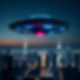 A flying saucer hovering over a city, with bright lights and a clear night sky