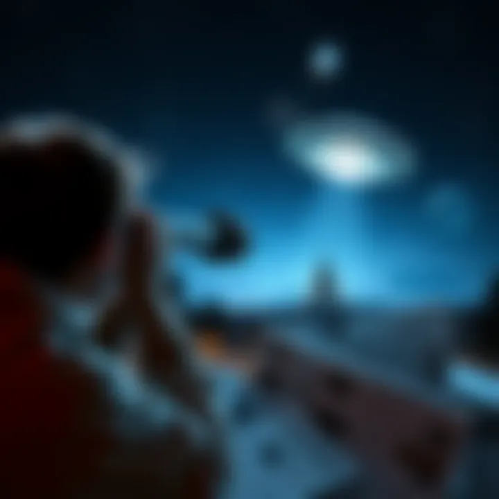 UFO Sightings and Government Secrets A person looking through a telescope at a UFO in the night sky, surrounded by documents and news articles about alien disclosure, reflecting growing interest in UFOs and government secrecy.