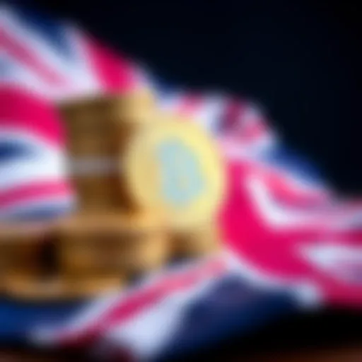 A stack of Bitcoin coins with the UK flag in the background, symbolizing the government's decision to retain seized cryptocurrency.