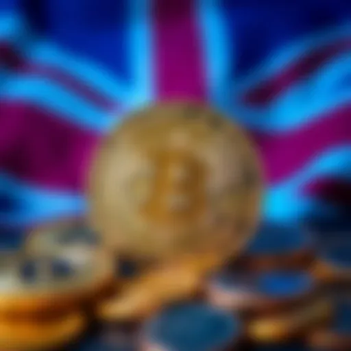 A graphic showing Bitcoin coins with a background of the U.K. flag, symbolizing the government's plan to sell Bitcoin.